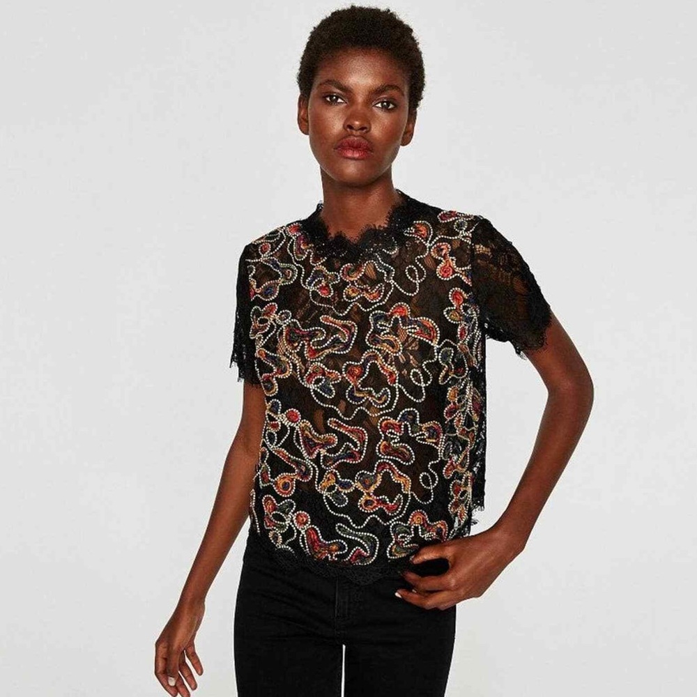 Zara Trafaluc Multicolor Embroidered Lace Top
Black Sheer Swirl Squiggle Small